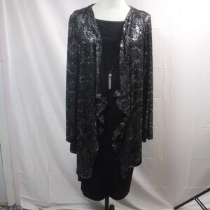 Jessica Howard Womens Black Sequin Lace Jacket Dress Set with Necklace Size 14